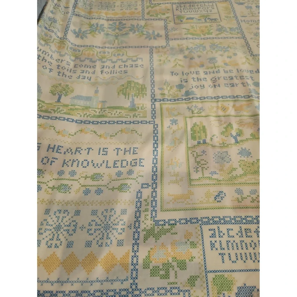 Vtg 70's Perma-Prest Full Flat Sheet Faux Cross Stitch Cottagecore Country